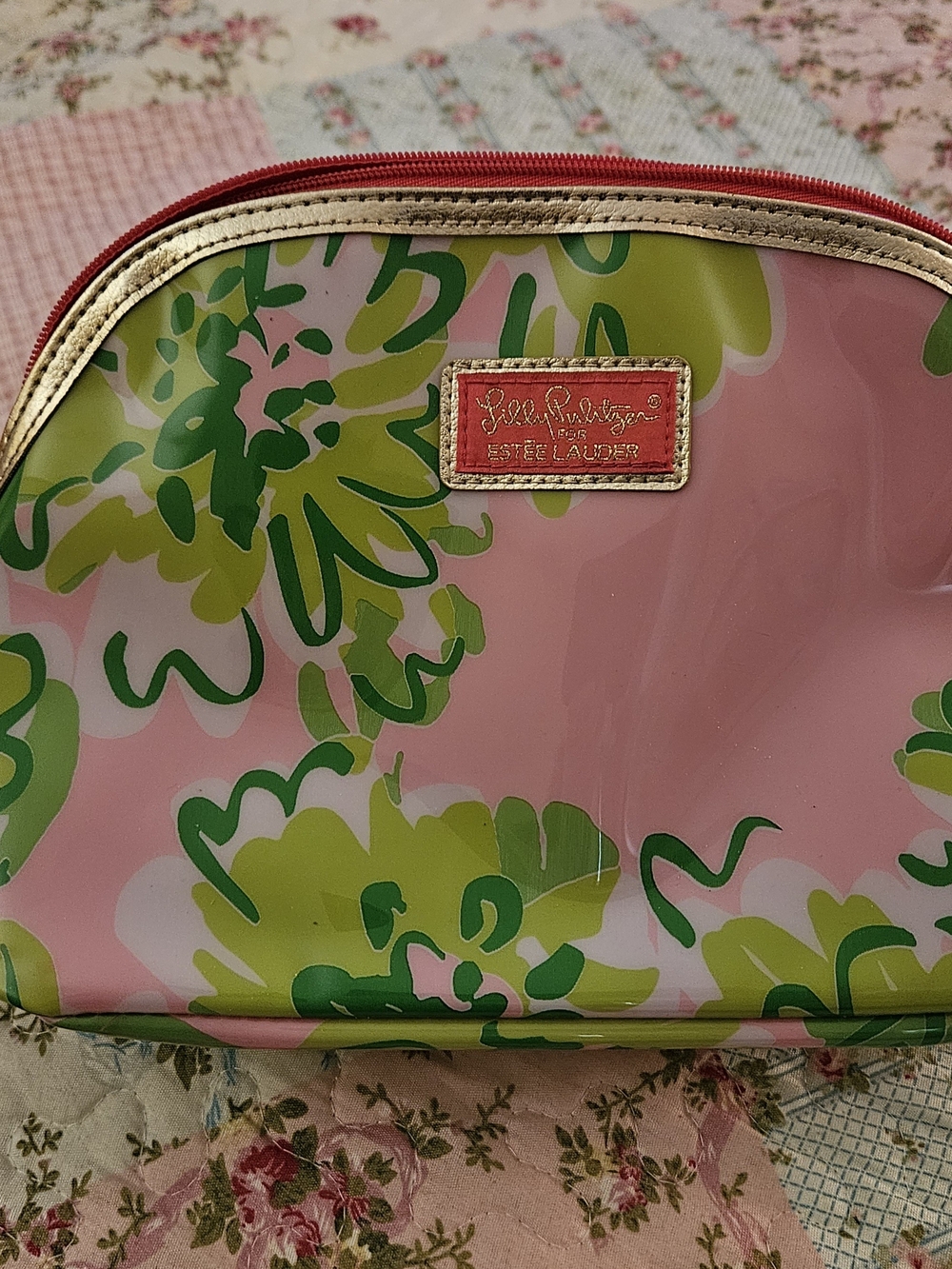 Lilly Pulitzer Pink Floral Vinyl Cosmetic Case with Gold Trim - Picture 7 of 7